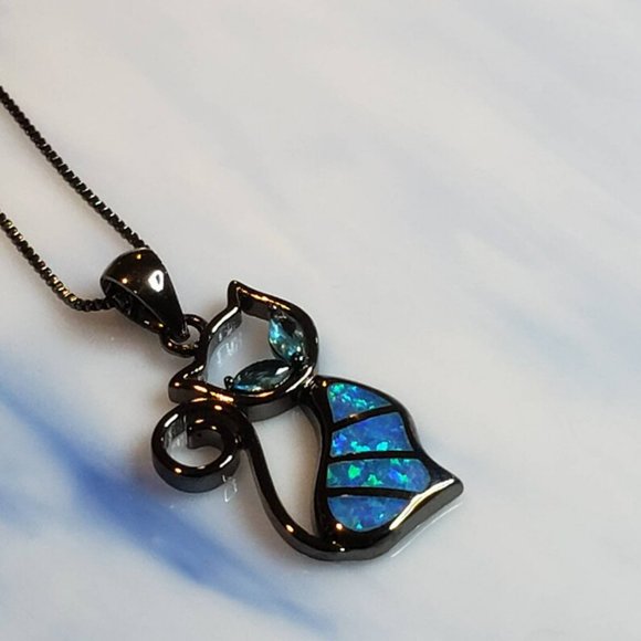 Cute Blue Opal Kitten Cat Silver Necklace & Chain - Picture 4 of 6